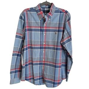 Ralph Lauren Mens Large Blue Red Plaid Button Down Shirt cotton Patriotic Preppy